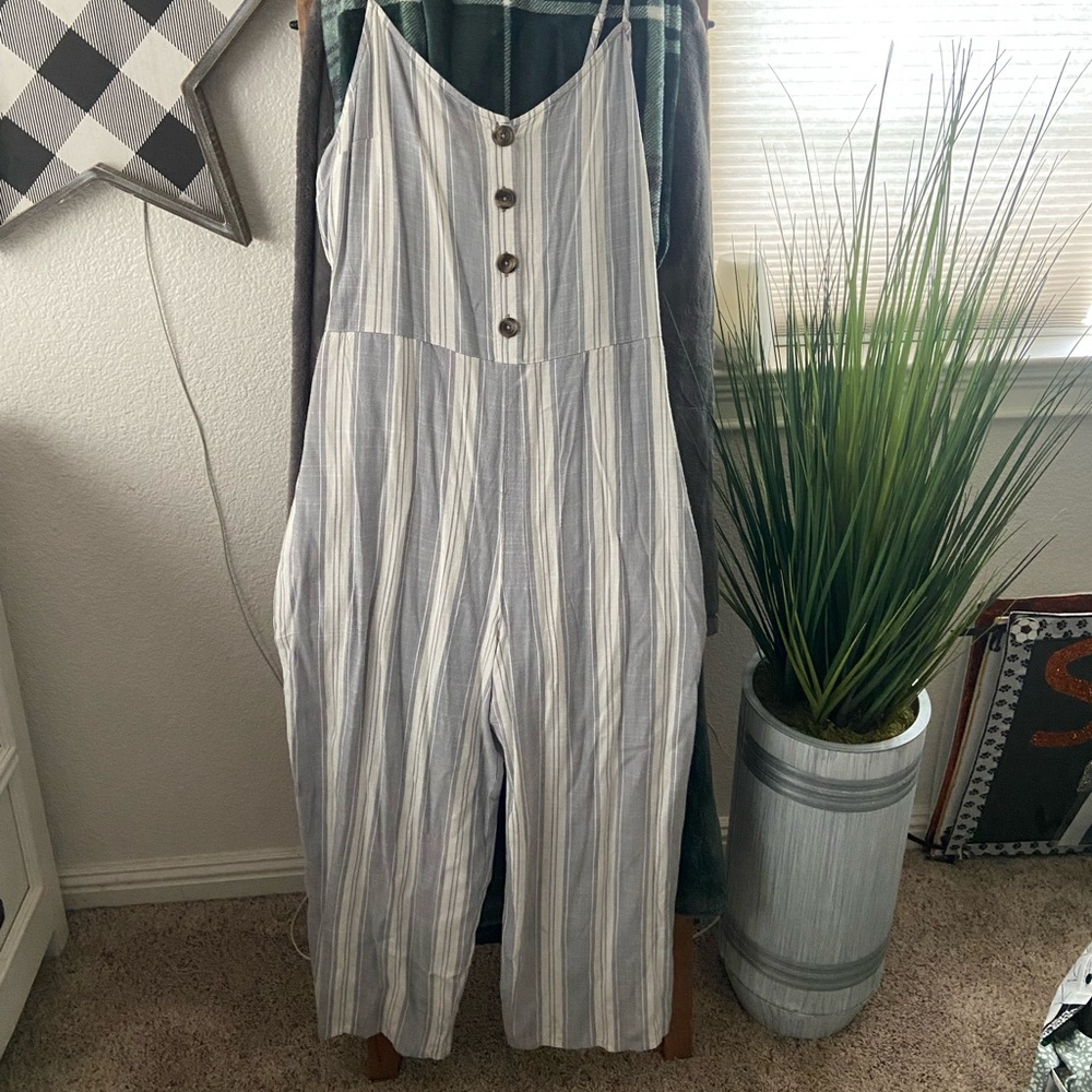 Blue and white stripped jumpsuit